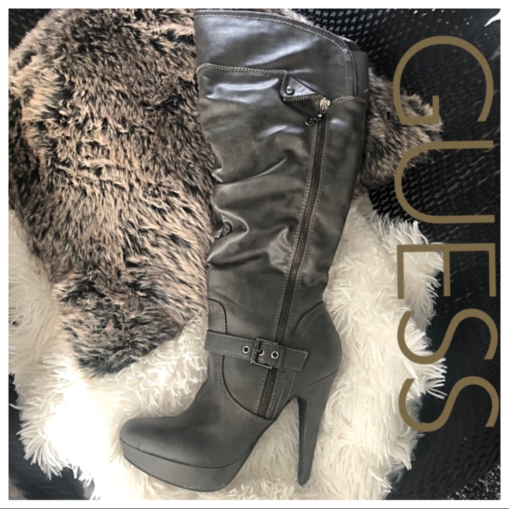 G Guess Boots, gray, ruched w zipper, size 8